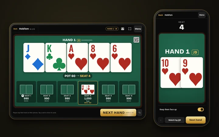 The table on the host device and a player's cards on their device